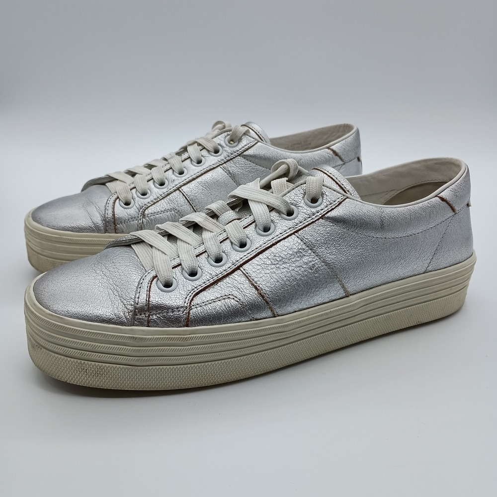 Saint Laurent Paris Silver Metallic Leather Low Top Platform Sneakers EU 40